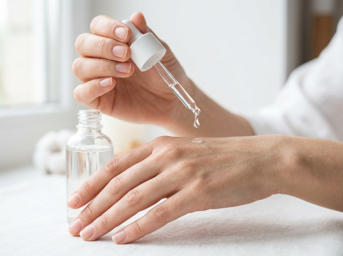 Minimalist skincare dropper application on hand