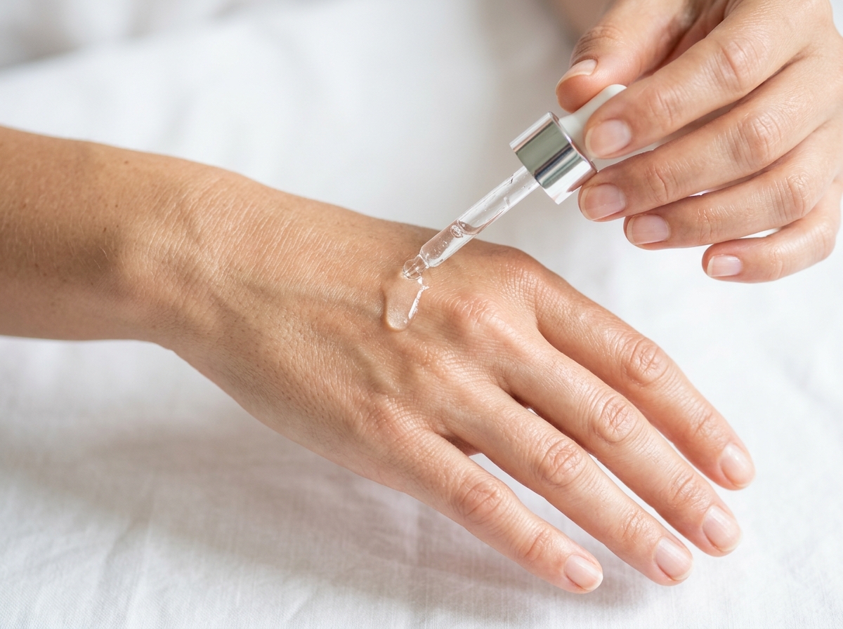 Close-up of serum application on skin