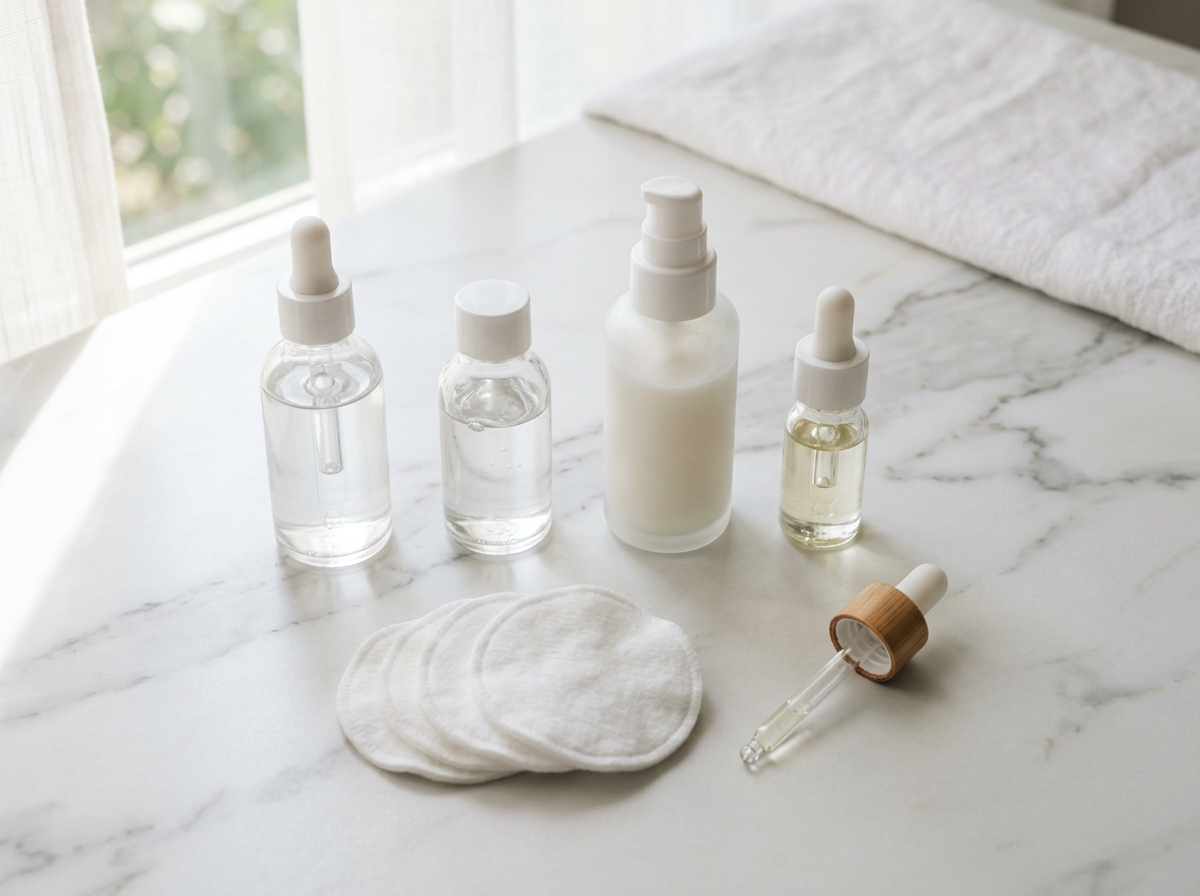 Layered skincare essence and toner bottles on marble surface