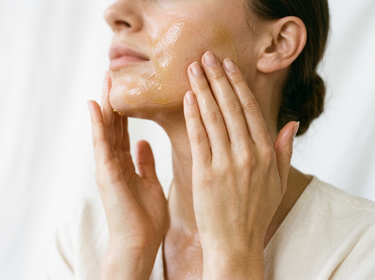 Hands massaging cleansing oil on skin demonstrating double cleanse first step