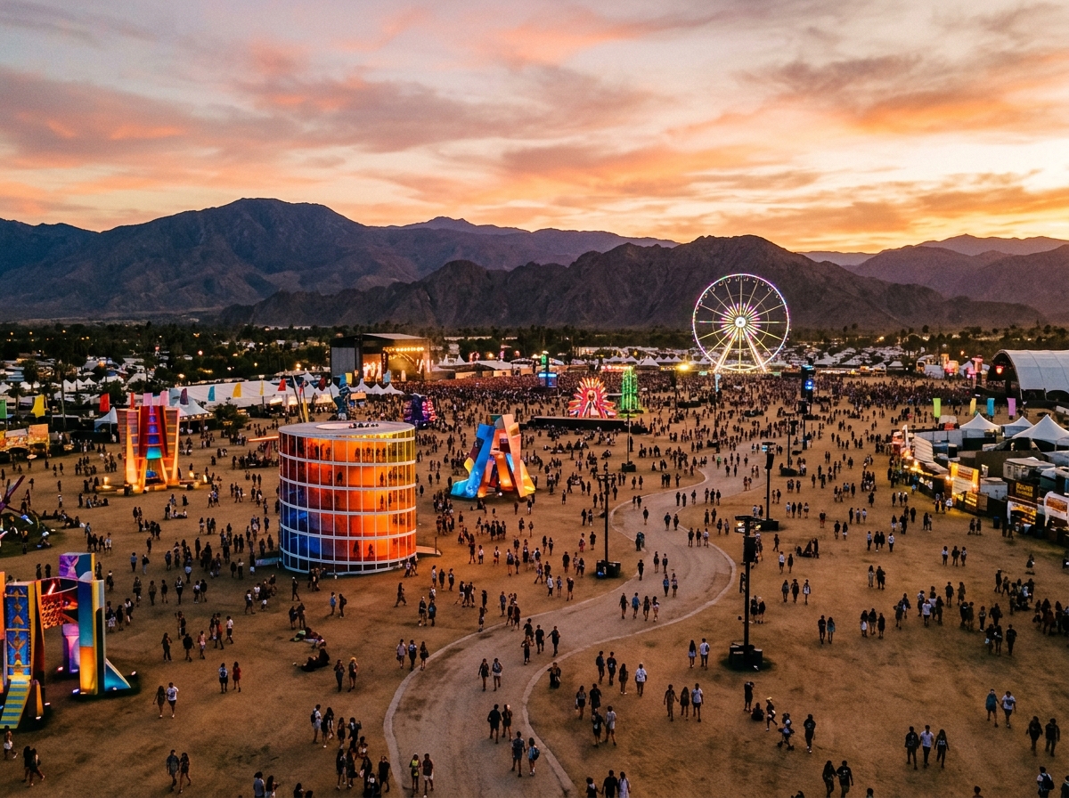 Coachella festival grounds with art installations at sunset