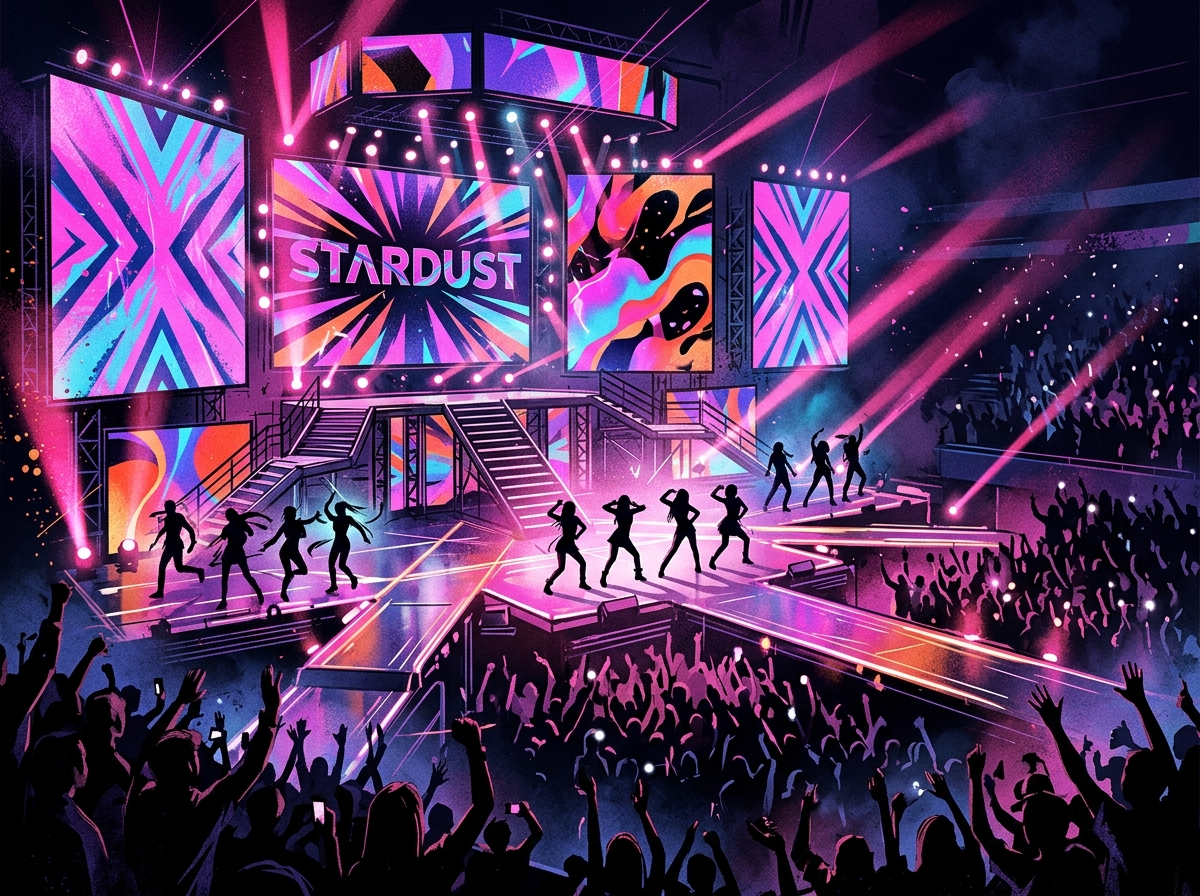 K-pop concert stage with LED screens and dynamic pink lighting