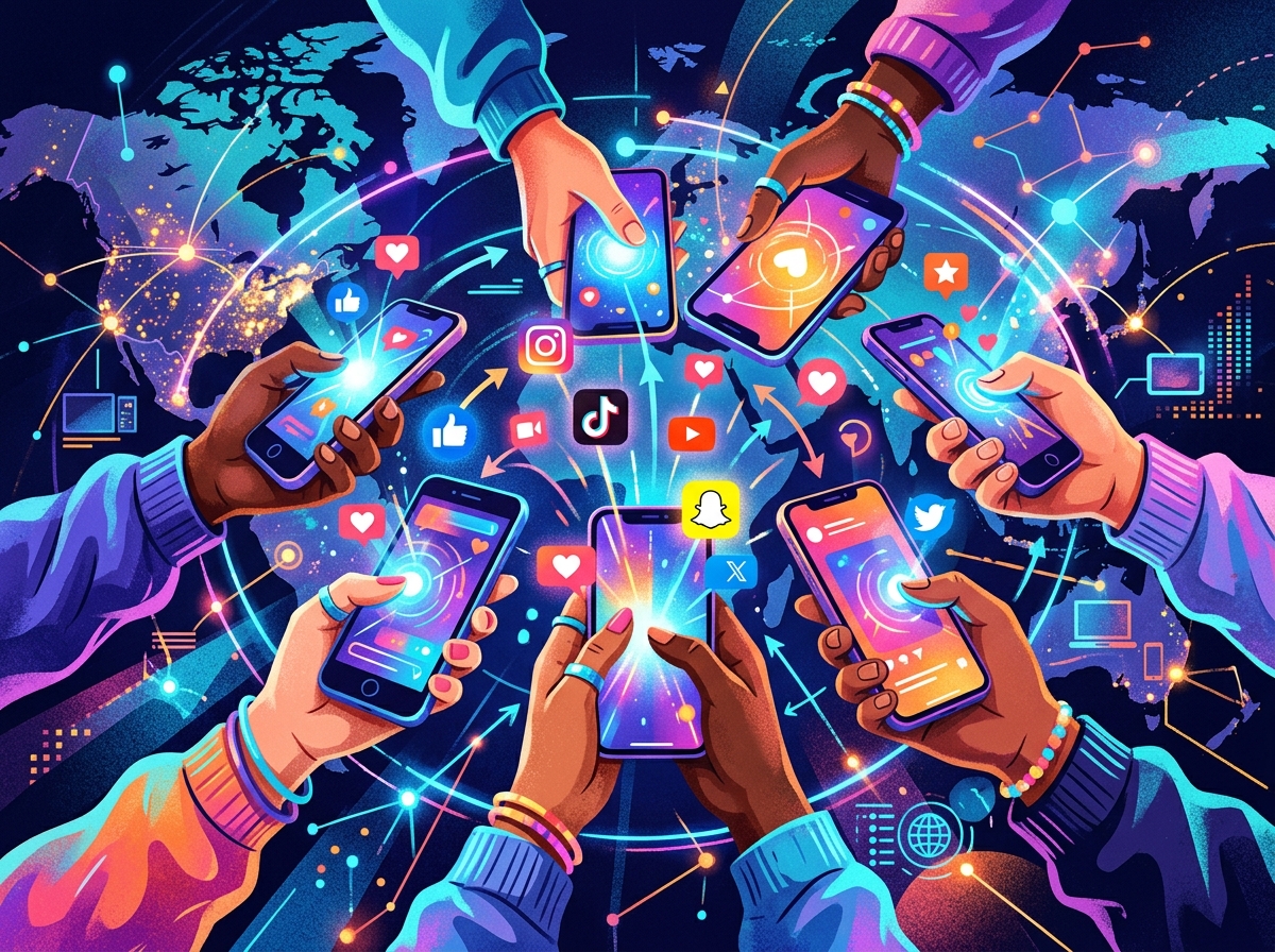 Youth holding phones with social media and global connectivity symbols