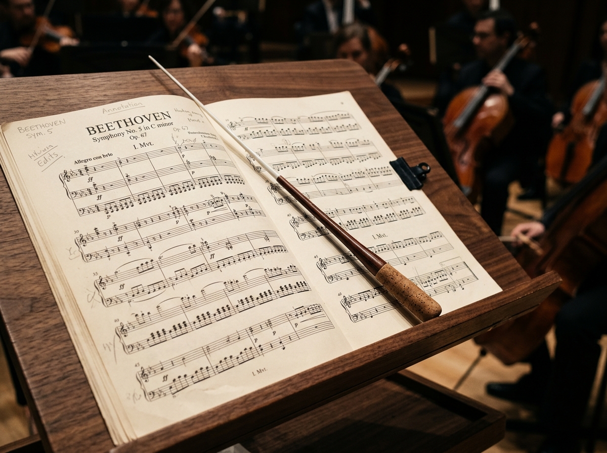 Conductor's podium with baton and orchestral score