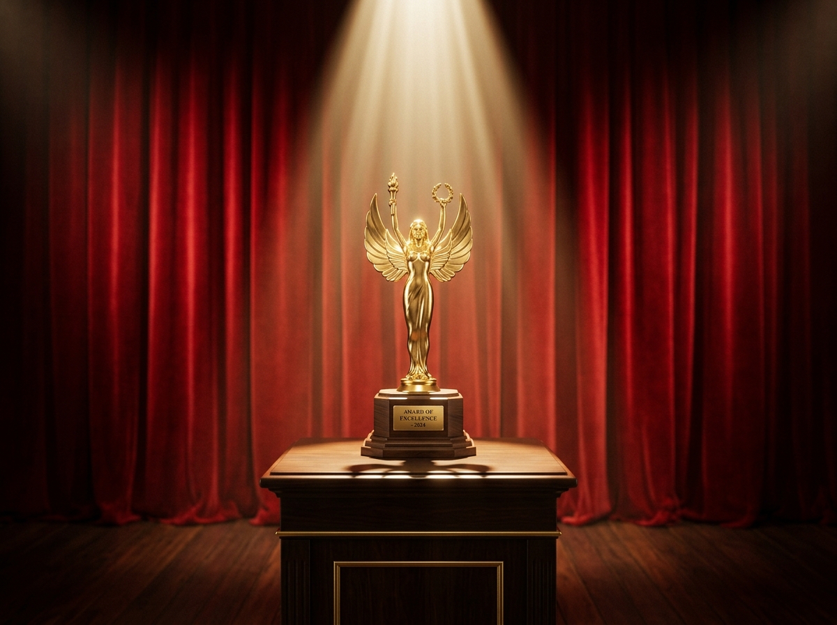 Award trophy on stage with spotlight