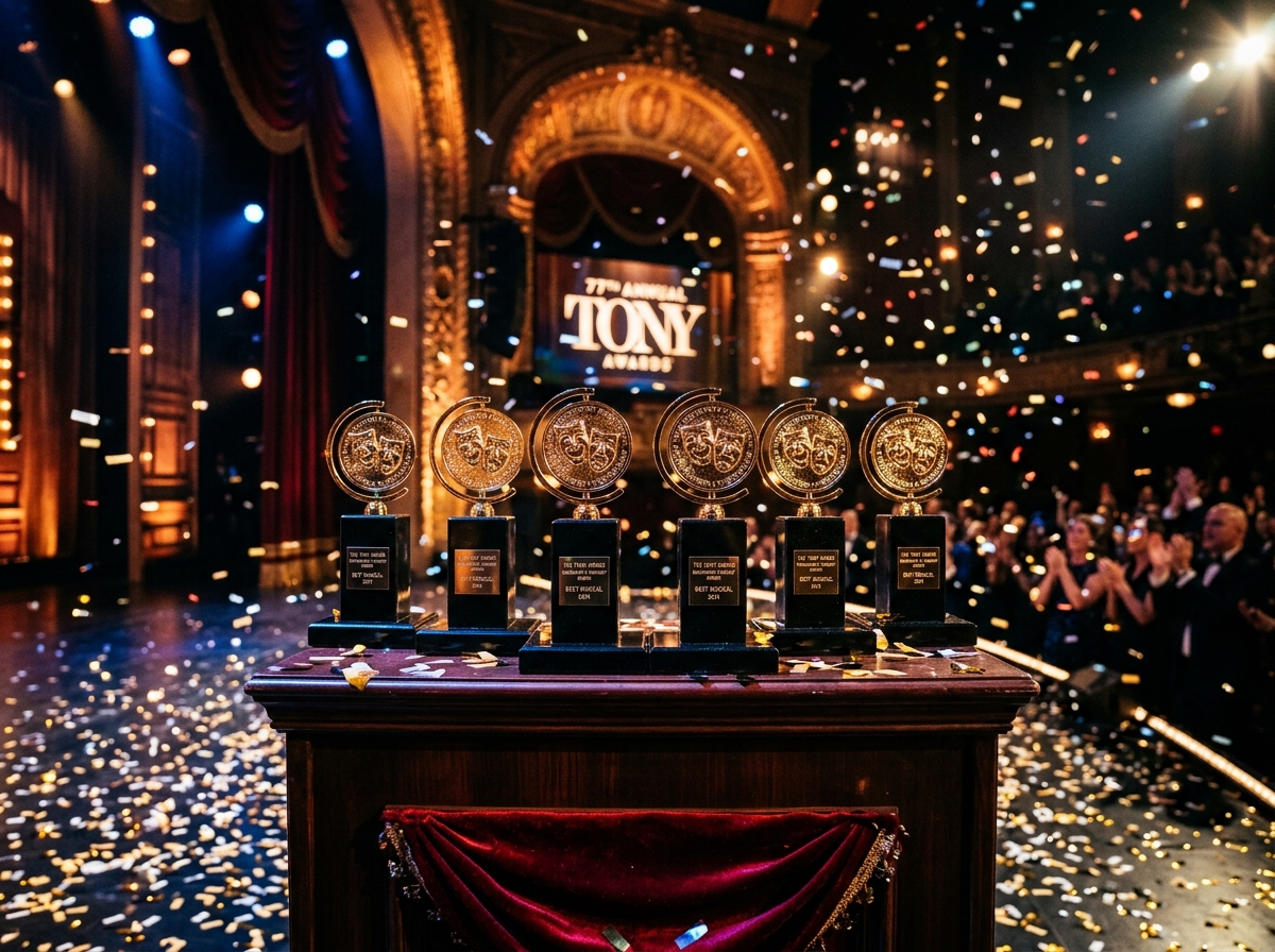 Multiple Tony Award trophies on display