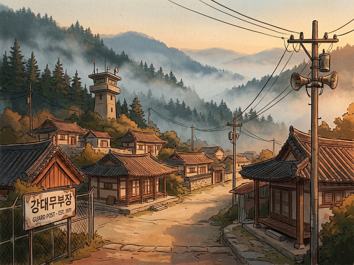 Korean village landscape with mountains