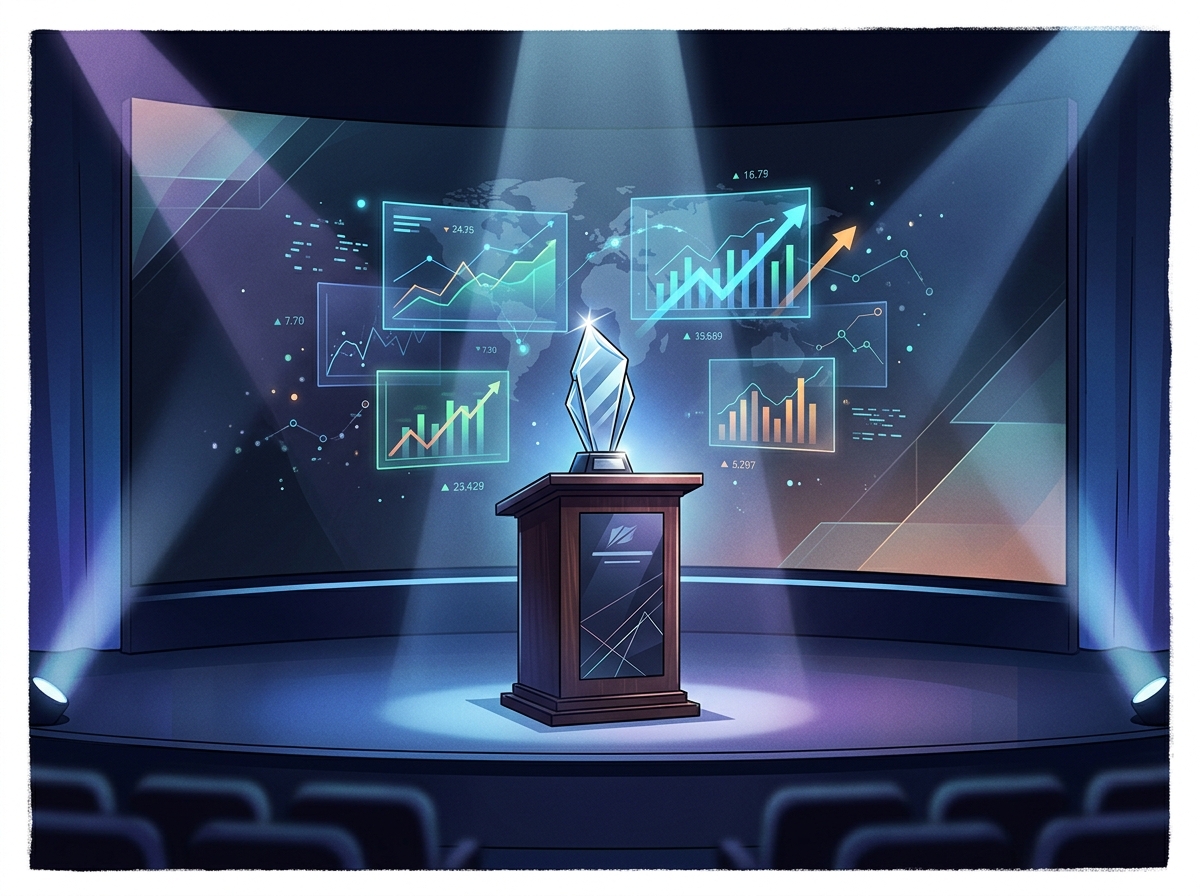 Trophy on stage with streaming data visualizations