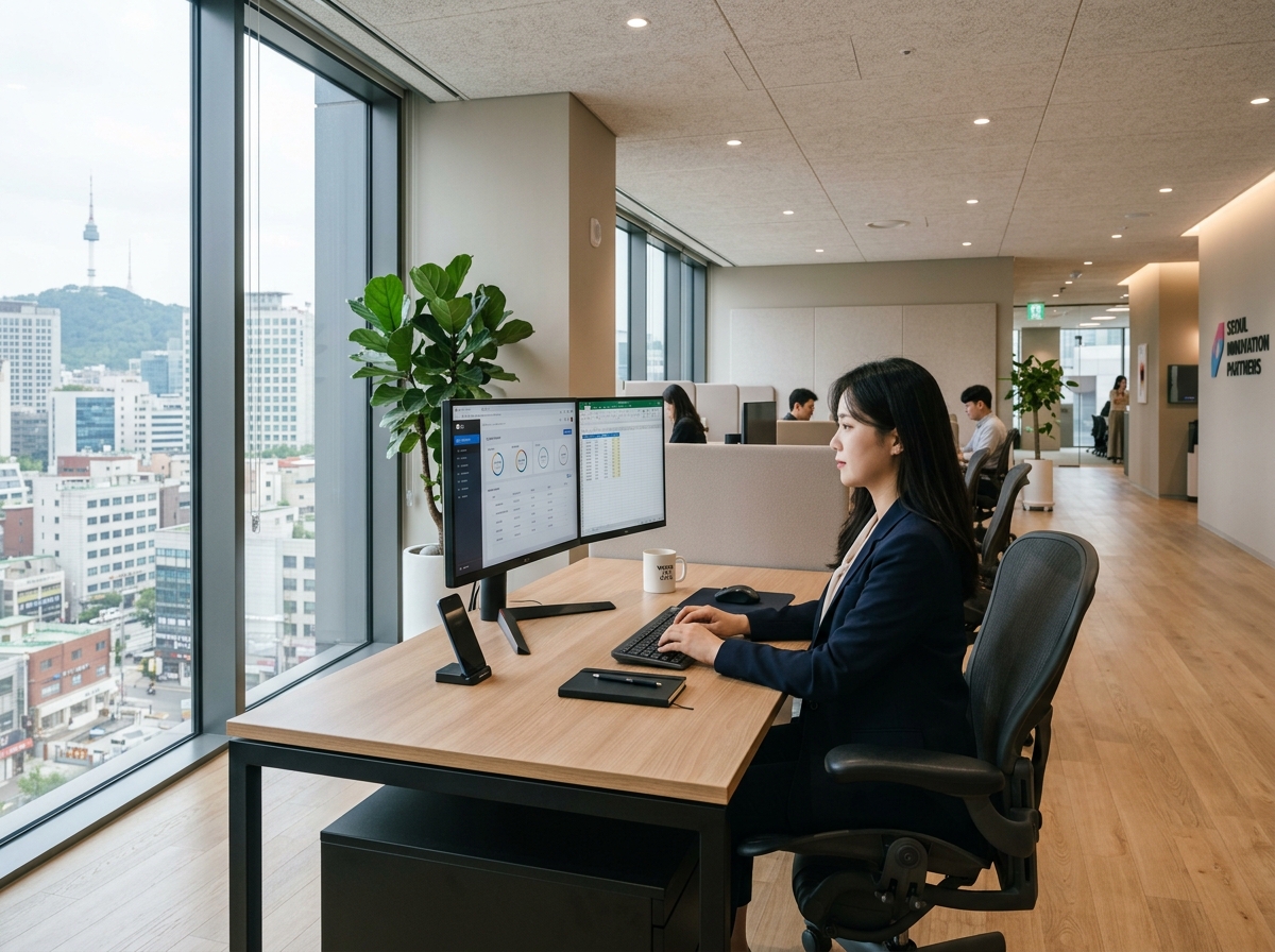 Korean office workspace with desk and computer