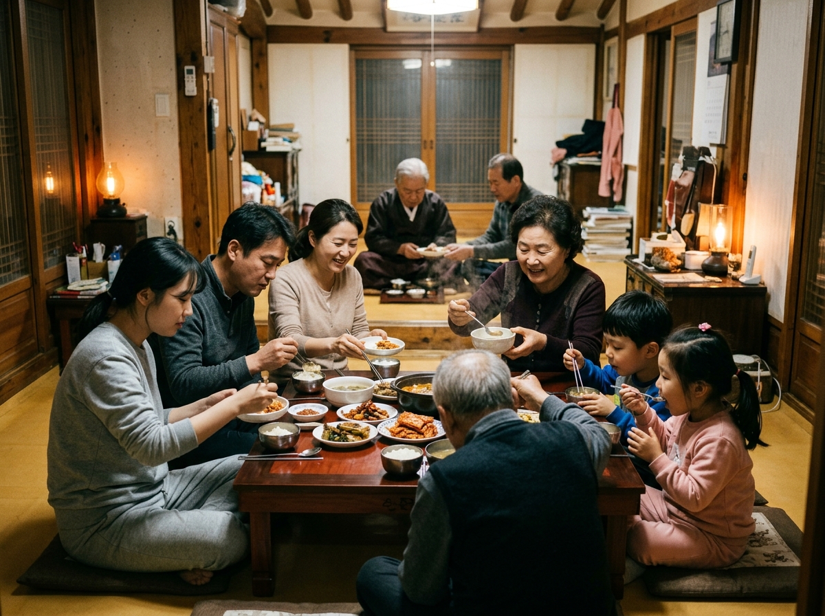 Korean family members having a meal together