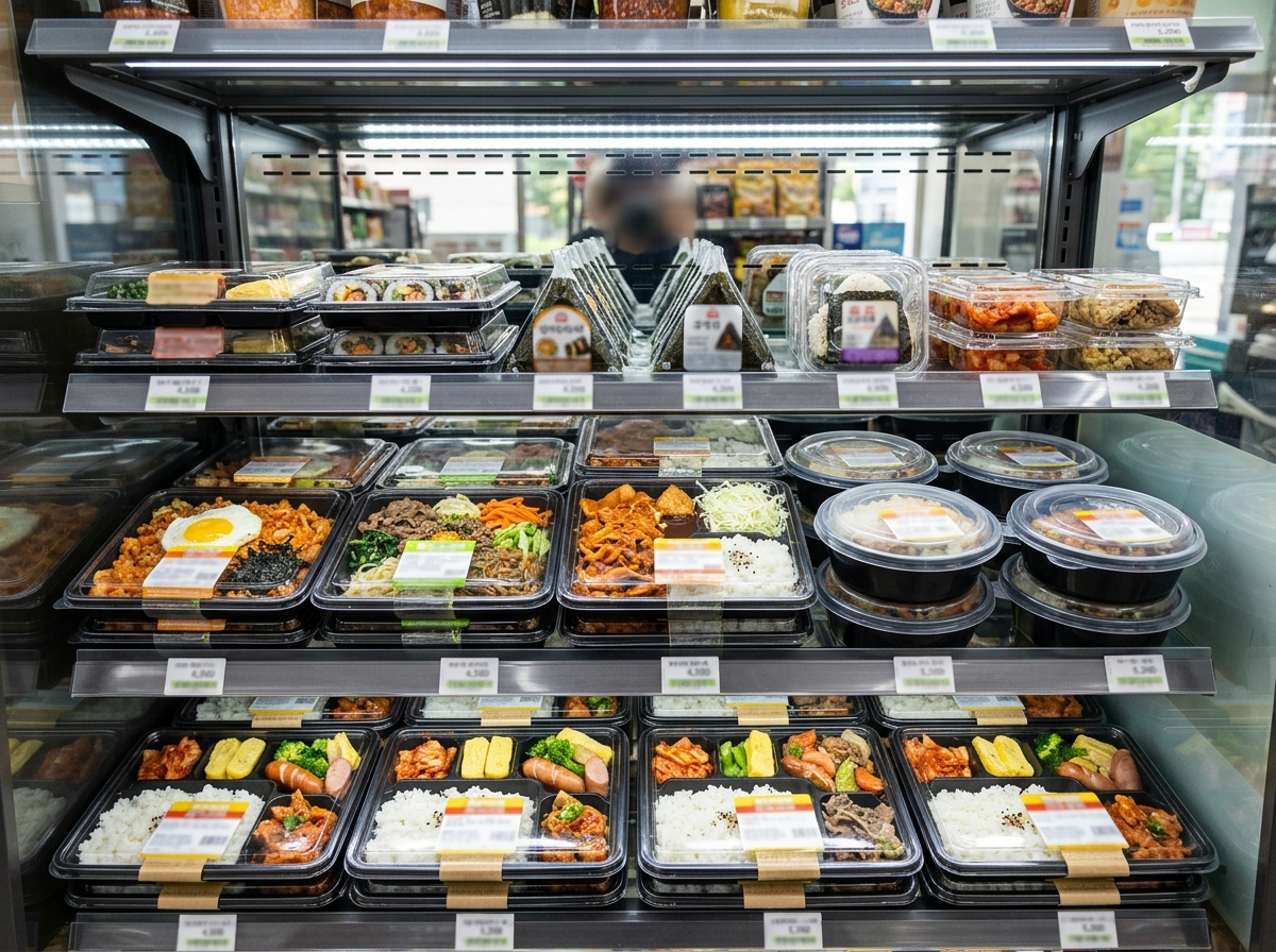 Korean convenience store ready-to-eat meals display