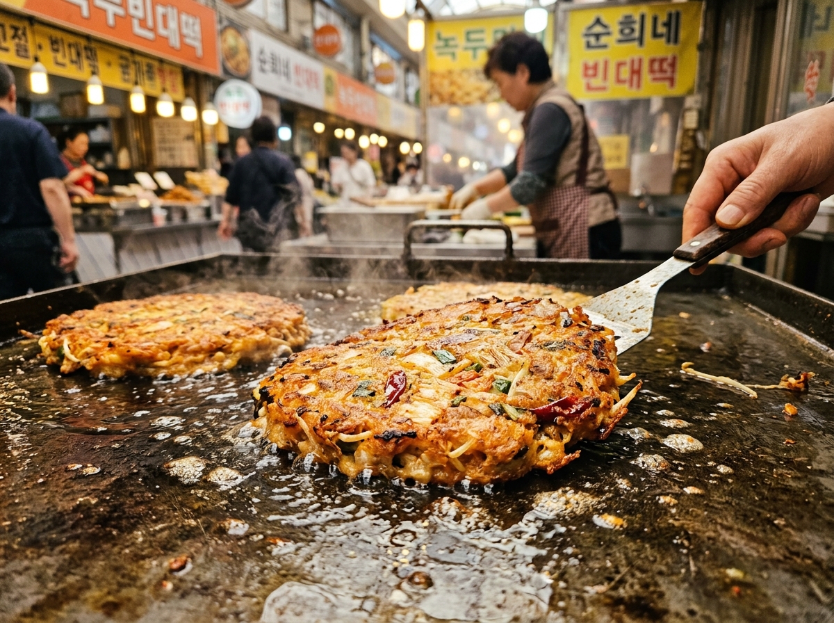 Korean bindaetteok pancakes cooking on a griddle at a market stall