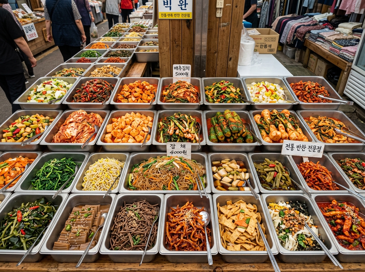 Variety of Korean banchan side dishes displayed at a market stall