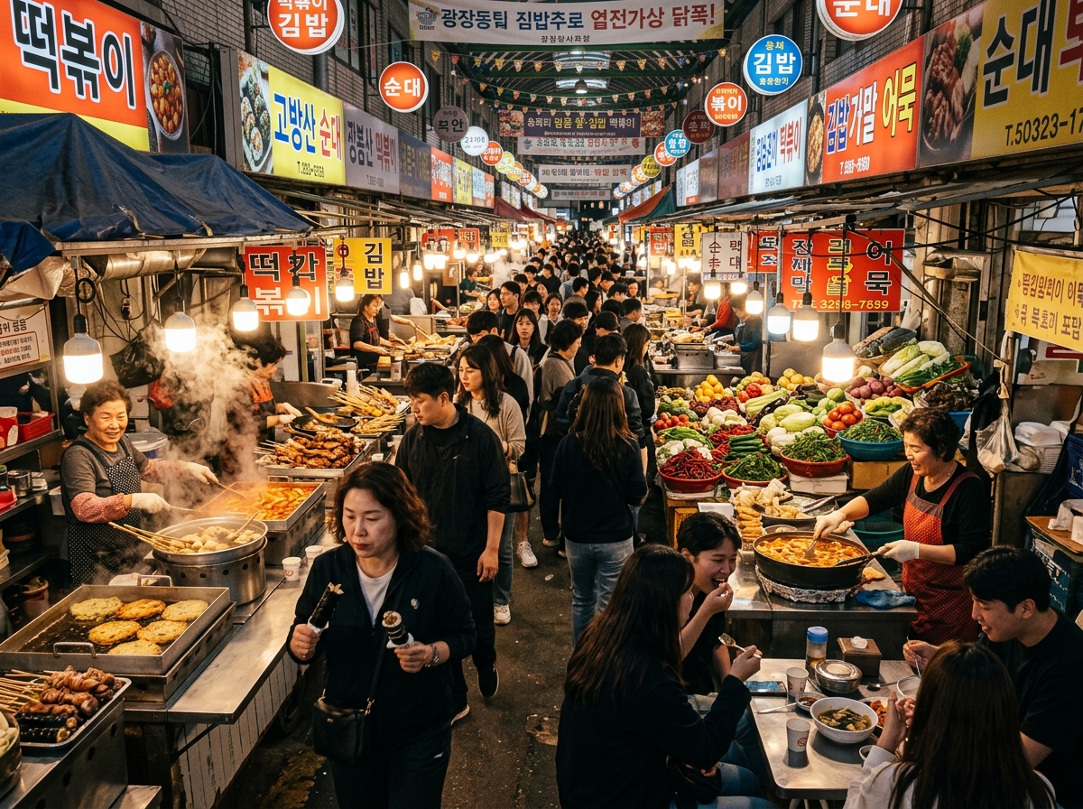 Traditional Korean street market with food stalls
