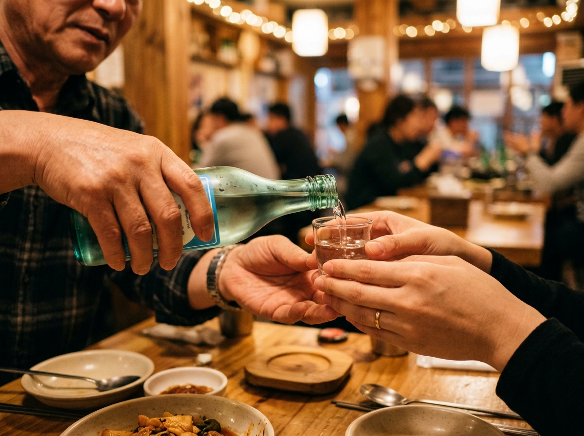 Two hands performing Korean drinking etiquette with soju glasses