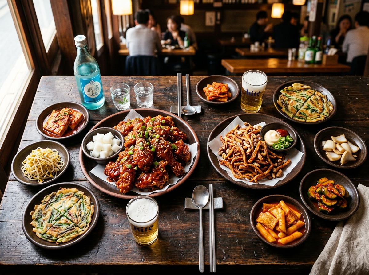 Korean drinking snacks and anju food on a table