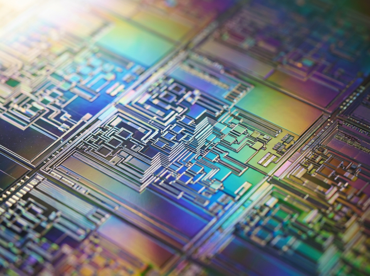 Close-up of silicon wafer showing microchip circuit patterns