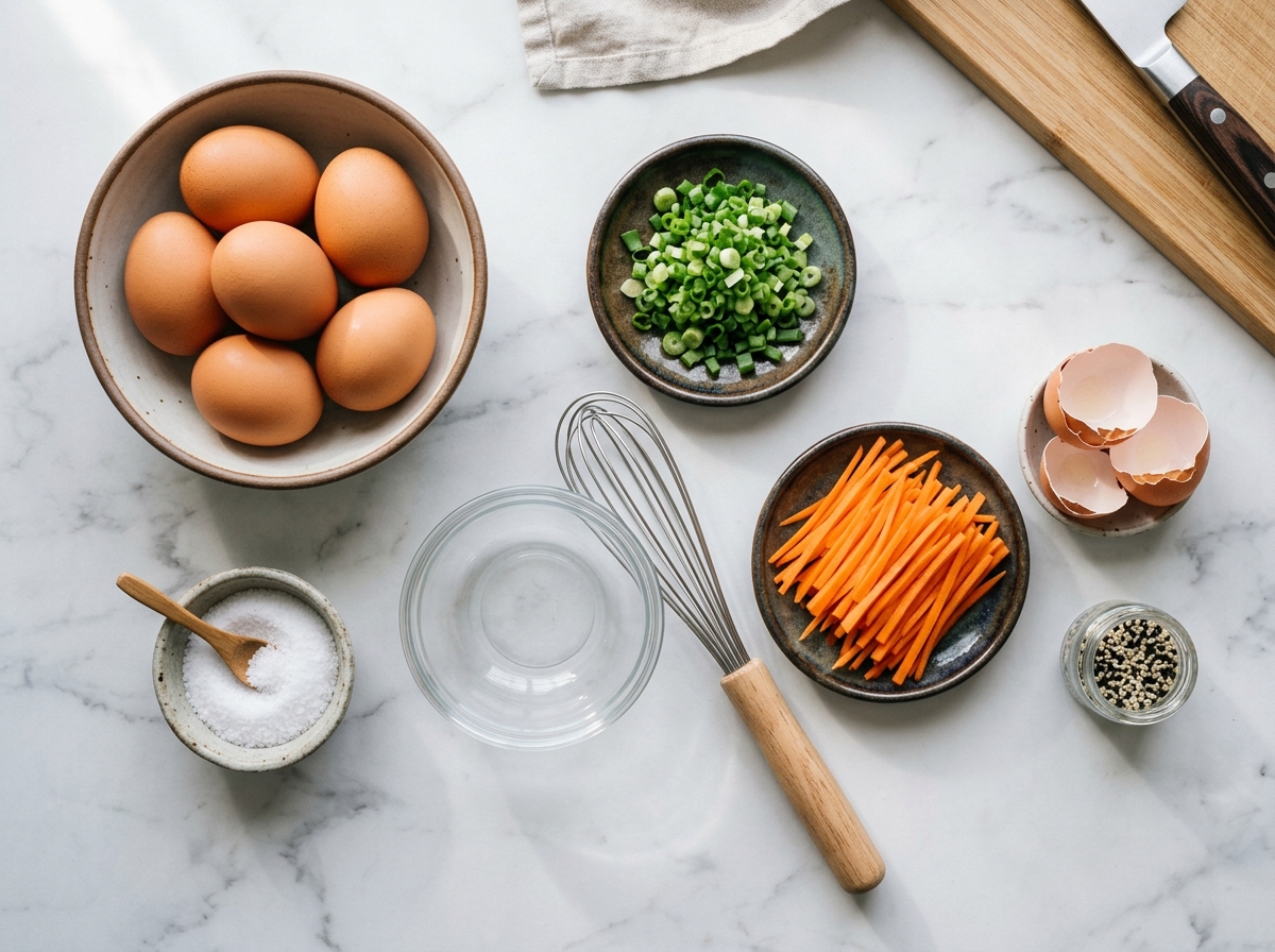 Ingredients for gyeranmari including eggs, scallions, and carrot