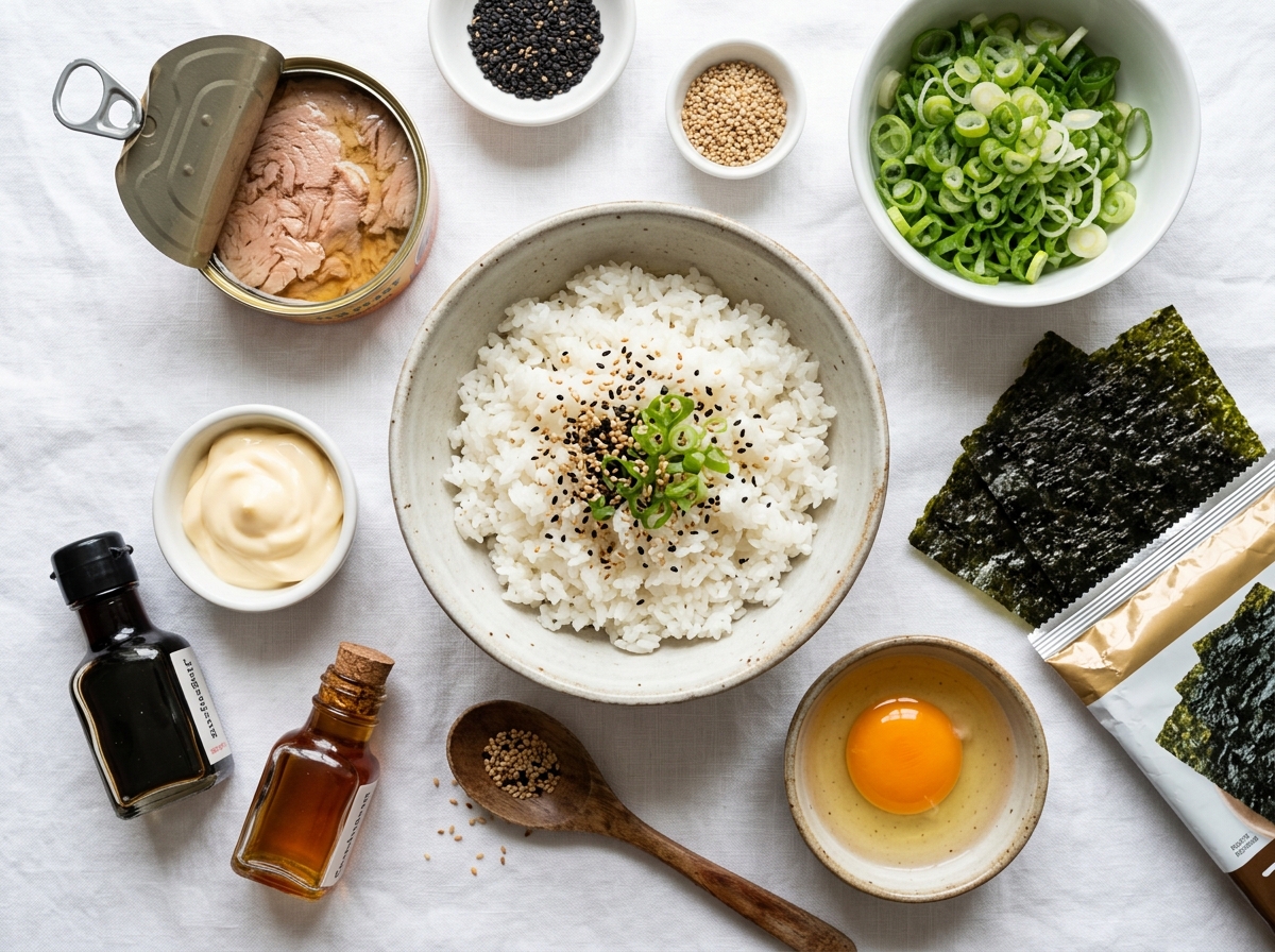 Ingredients for tuna mayo rice bowl